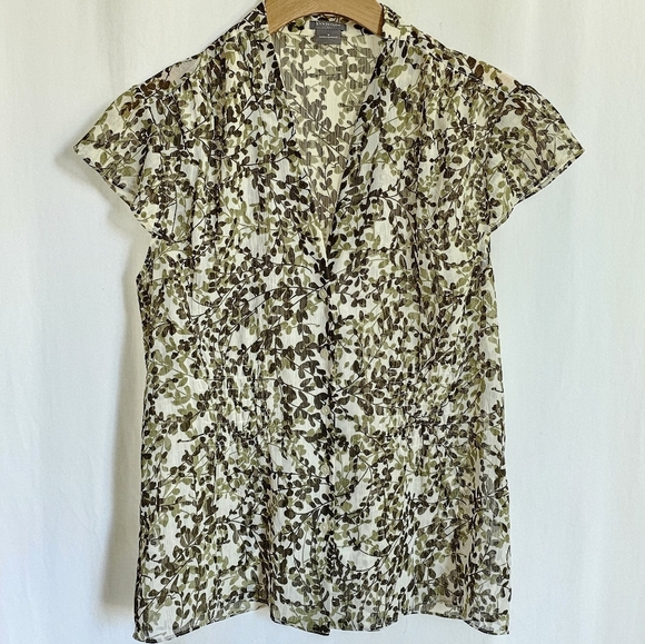 Ann Taylor Flutter Cap Sleeve Green Leaf Print Chiffon Blouse - Picture 5 of 14
